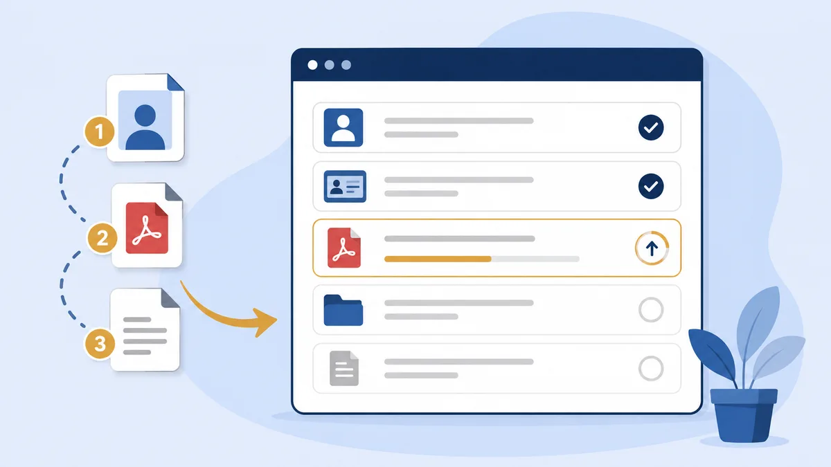 Ilustrasi urutan upload dokumen identitas, PDF, dan dokumen pendukung ke portal SSCASN
