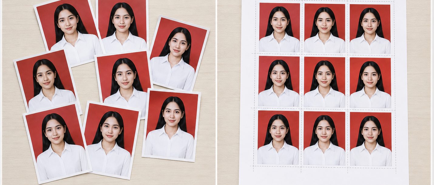 Ilustrasi menyusun pas foto ke kertas cetak